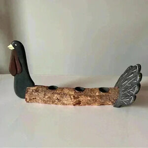 Turkey Tapered Candle Holder Centerpiece Carved Wood Branch Log Thanksgiving